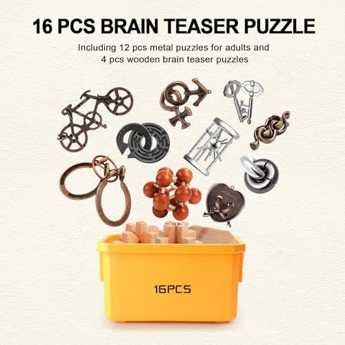 16 PCS Metal & Wooden Brain Teaser Puzzle Set P7357