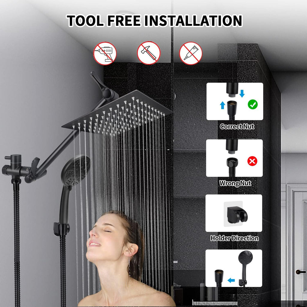 8'' Rainfall Shower Head & 9 Settings Handheld Shower Head with Holder, Hose, Chrome - Matte Black Pack of 2 U29015
