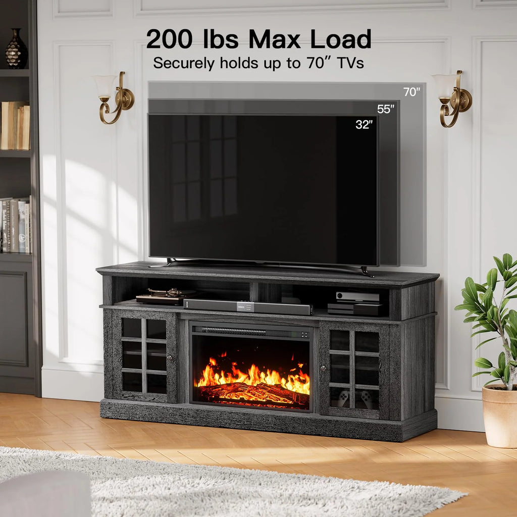 1400W Electric Fireplace TV Stand with Adjustable Shelves, Grey P342