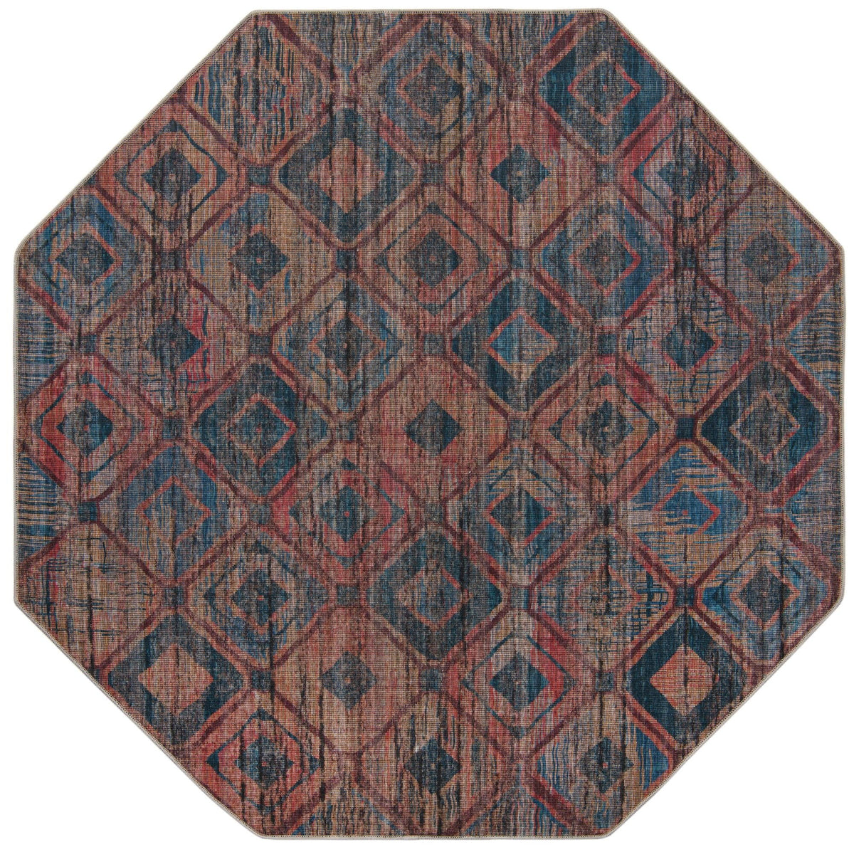 Washable Blue Flatweave Octagon Rug Y576