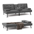 Faux Leather Convertible Futon Sofa Bed with 2 Cup Holders H60628