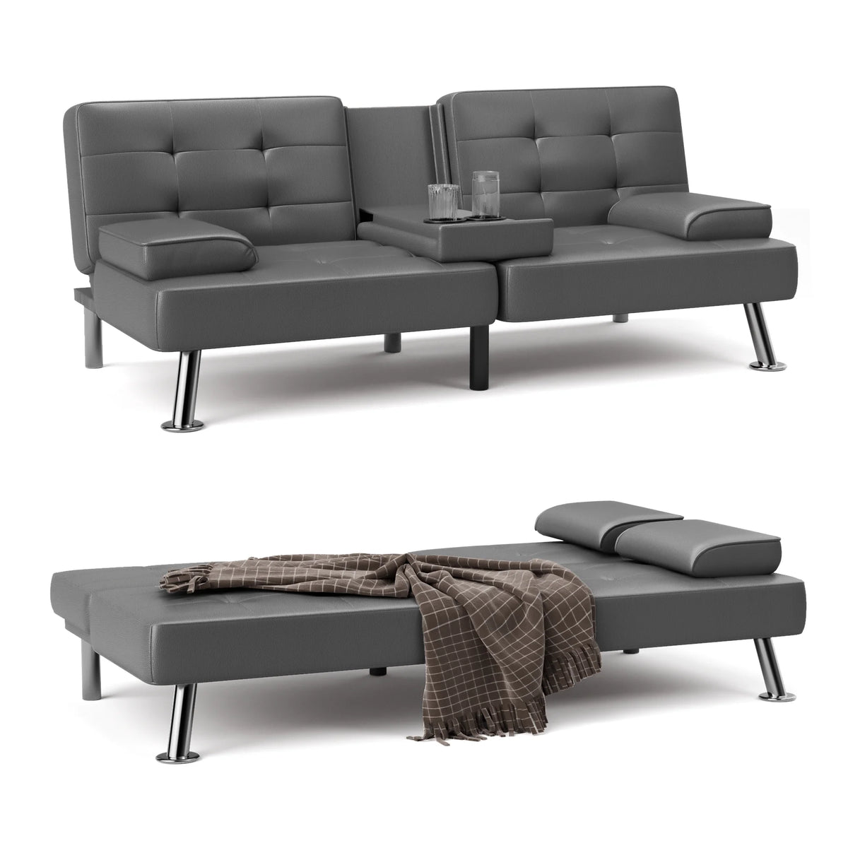 Faux Leather Convertible Futon Sofa Bed with 2 Cup Holders H60628