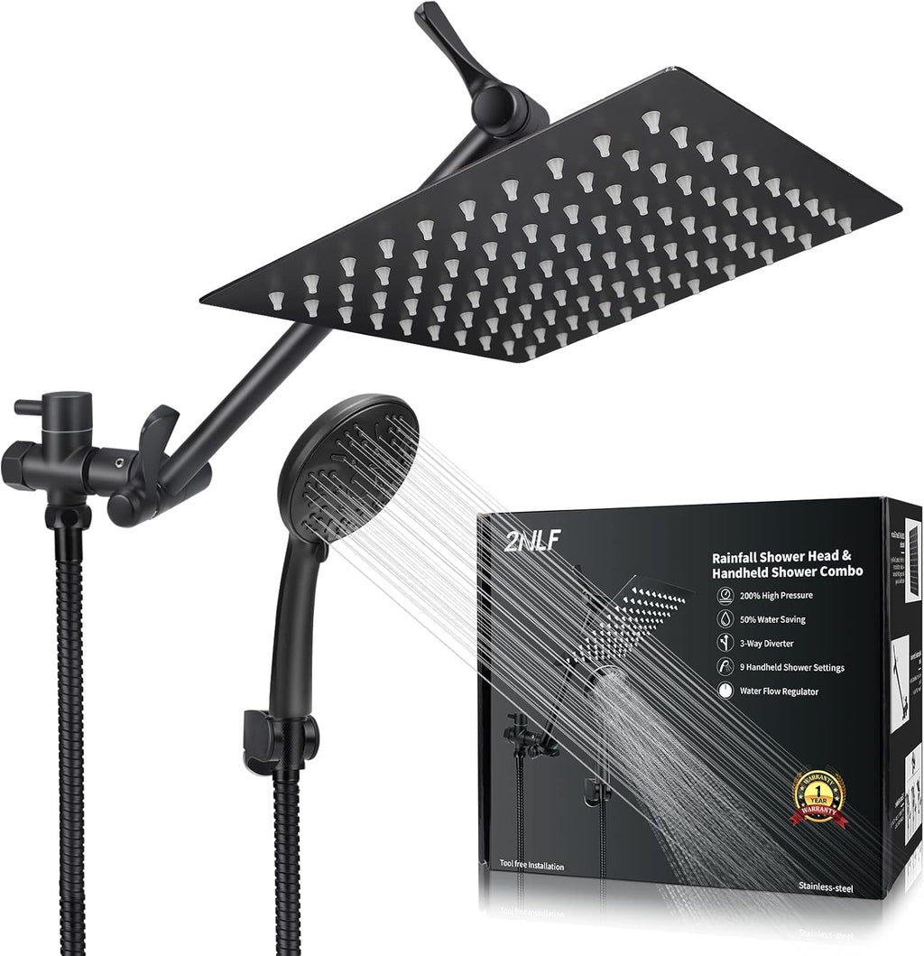 8'' Rainfall Shower Head & 9 Settings Handheld Shower Head with Holder, Hose, Chrome - Matte Black Pack of 2 U29015