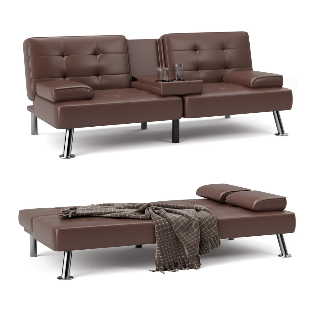 Faux Leather Convertible Futon Sofa Bed with 2 Cup Holders H60628