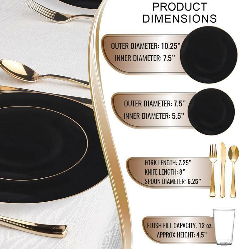 120 Settings Black with Gold Rim Round Disposable Plastic Wedding Value Set G285669