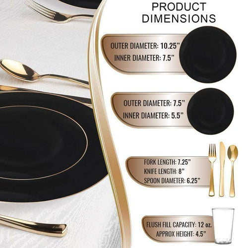 120 Settings Black with Gold Rim Round Disposable Plastic Wedding Value Set G285669