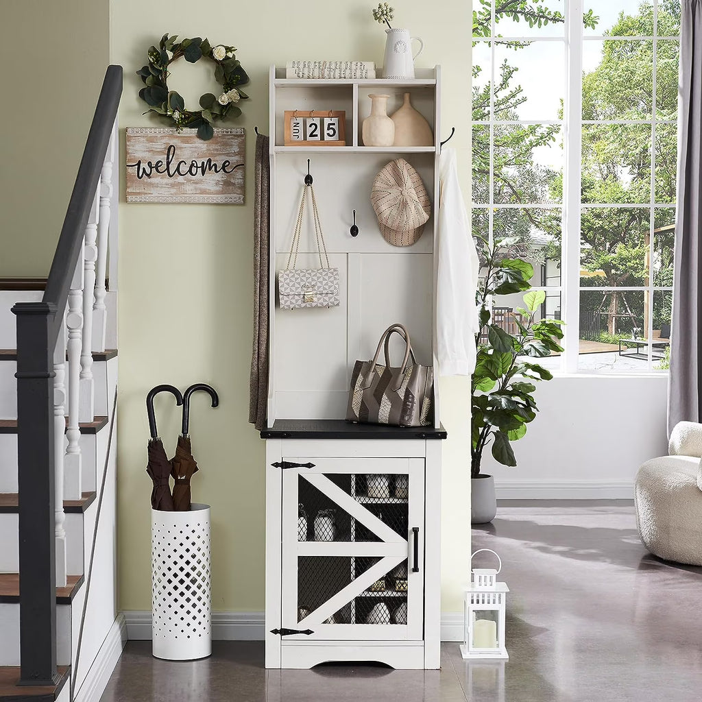 White Hall Tree with Coat Rack and Shoe Storage Bench I628