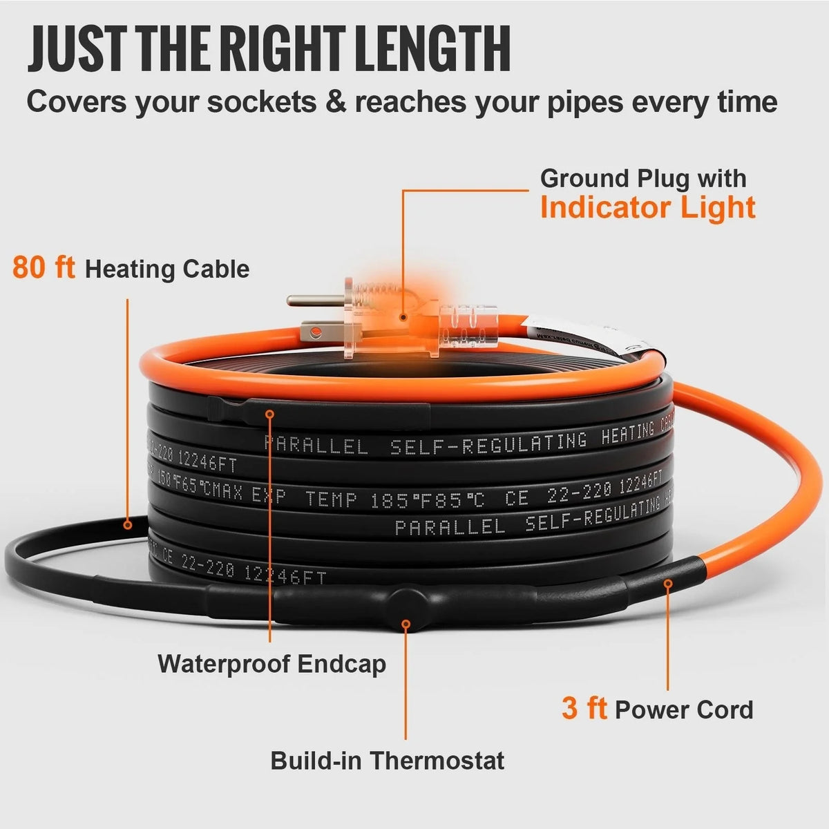 Self-Regulating Pipe Heating Cable, 80-feet 5W/ft Heat Tape, 120V Q594