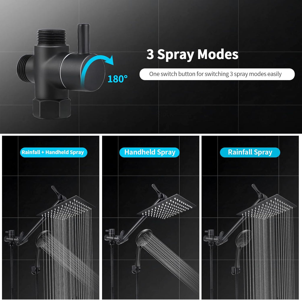 8'' Rainfall Shower Head & 9 Settings Handheld Shower Head with Holder, Hose, Chrome - Matte Black Pack of 2 U29015