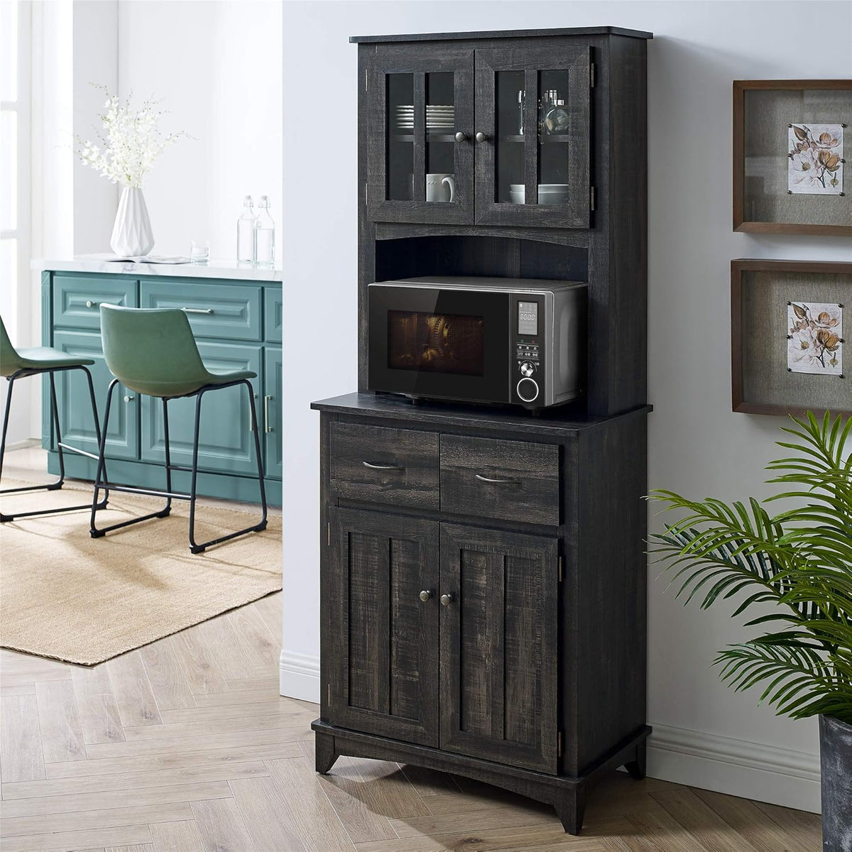 Gray Microwave Stand with Top and Bottom Cabinets U352