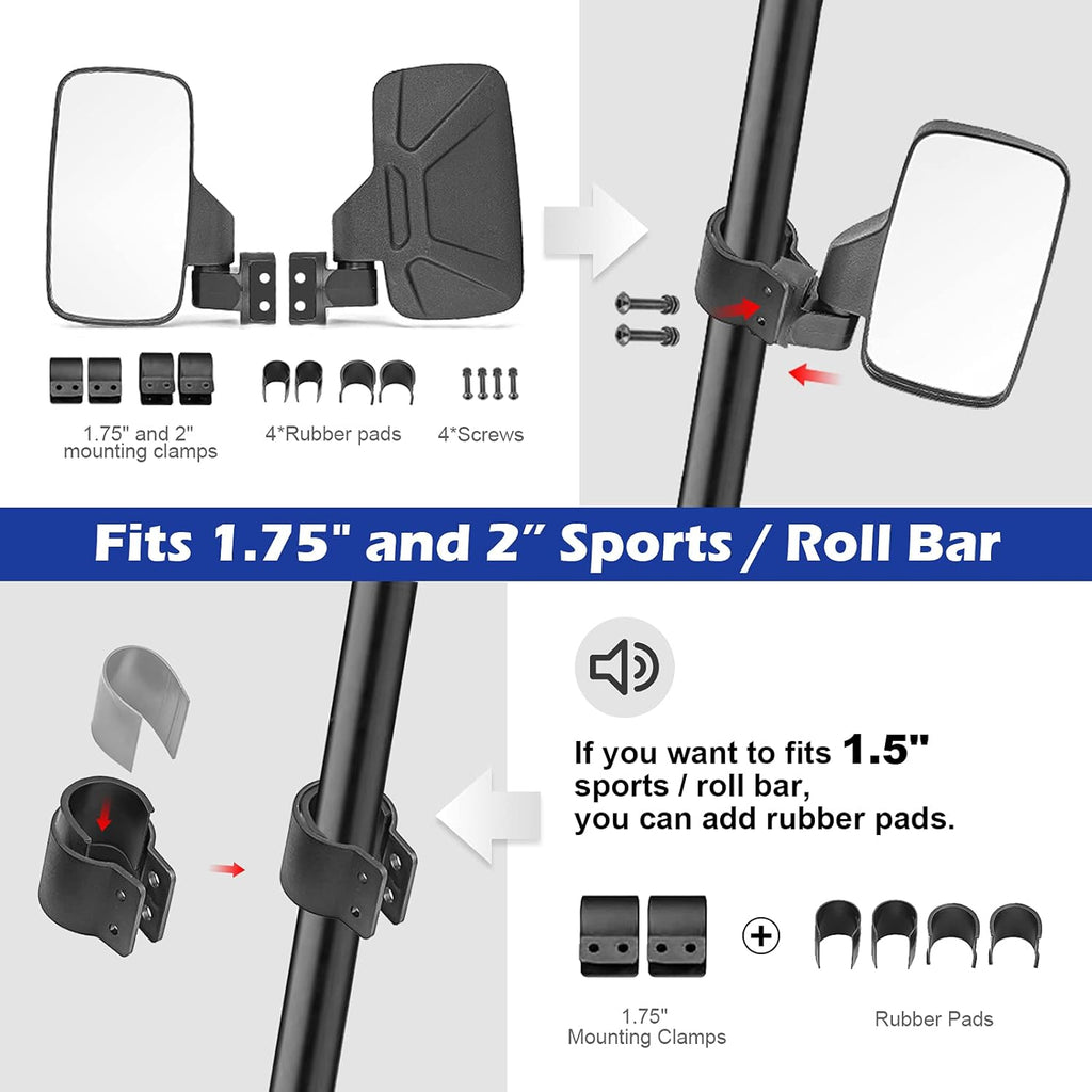 UTV Centre View & Side View Mirror for 1.5''-2'' Roll Cage Bar w/ Pair Grab Handle Set P5320